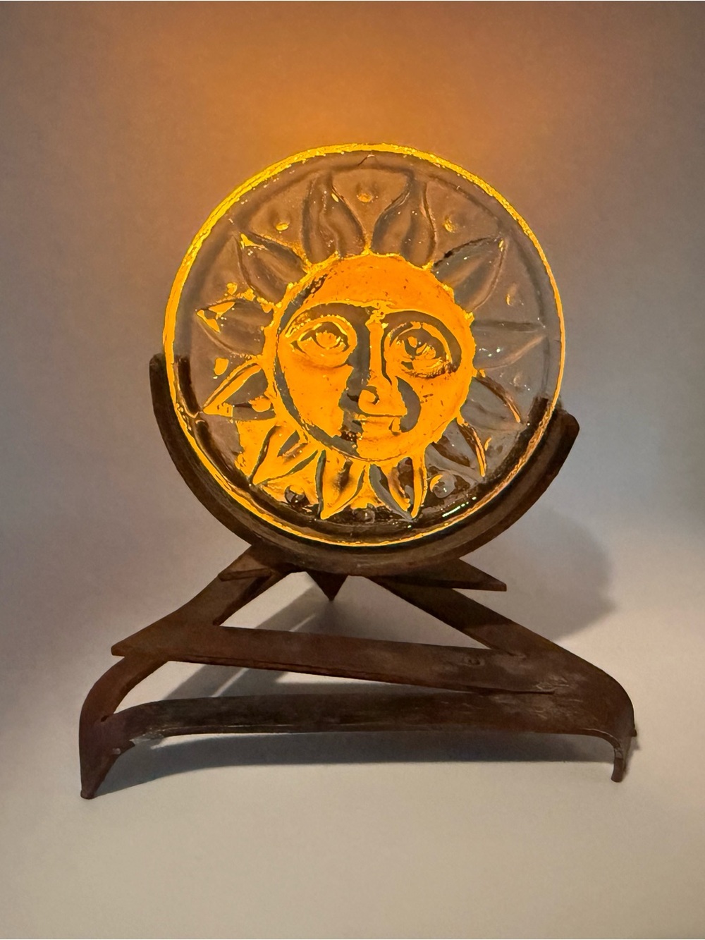 Vintage Celestial Sun Glass Candle Holder with Iron Stand